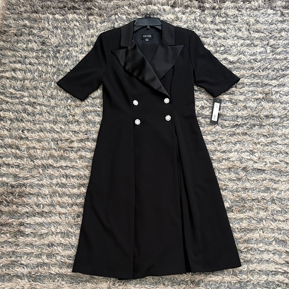 New ! Xscape Black Satin Collar Mid-Sleeve Dress/Coat, Size 4